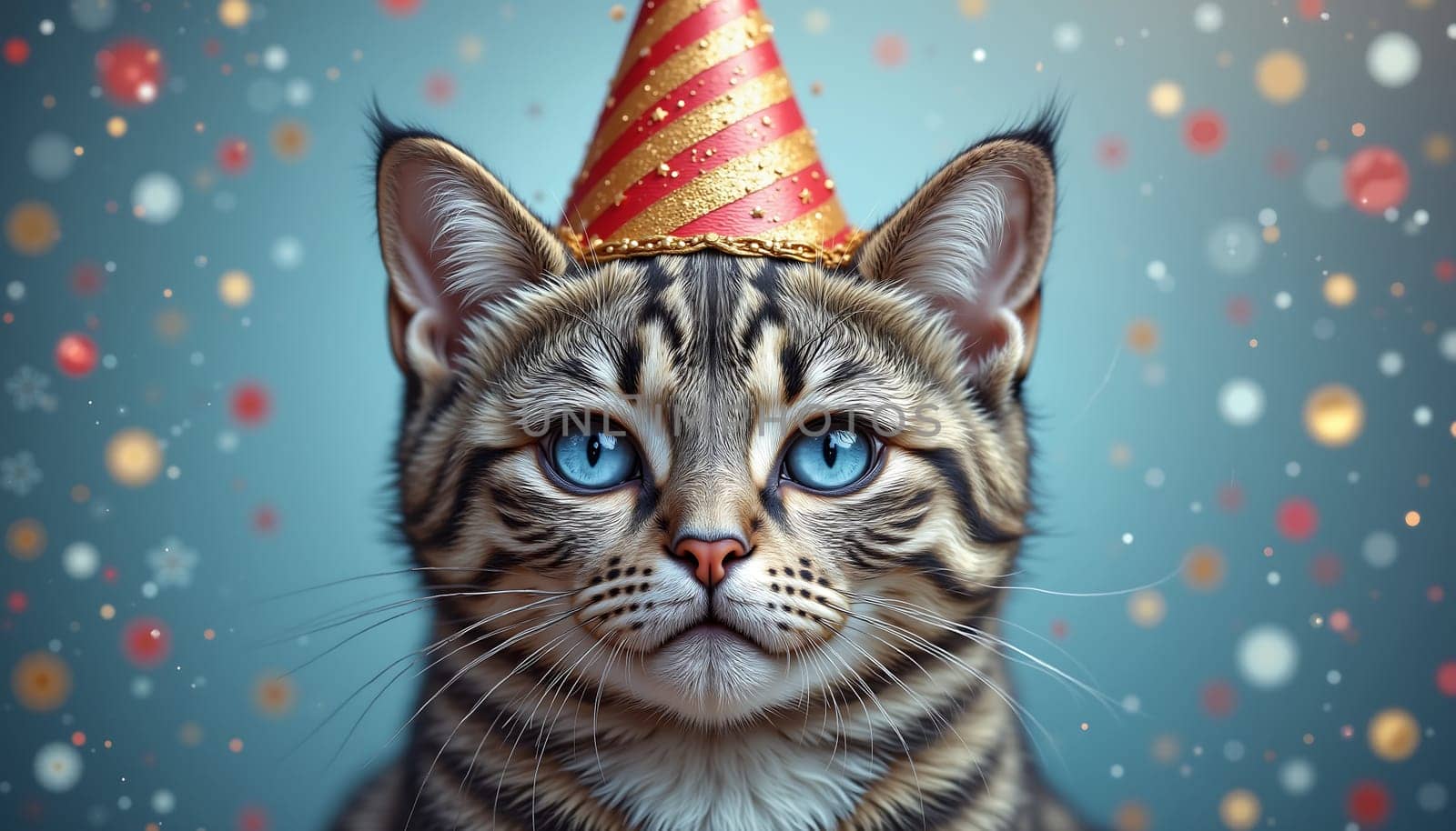 Cute kitten with blue eyes in a party hat