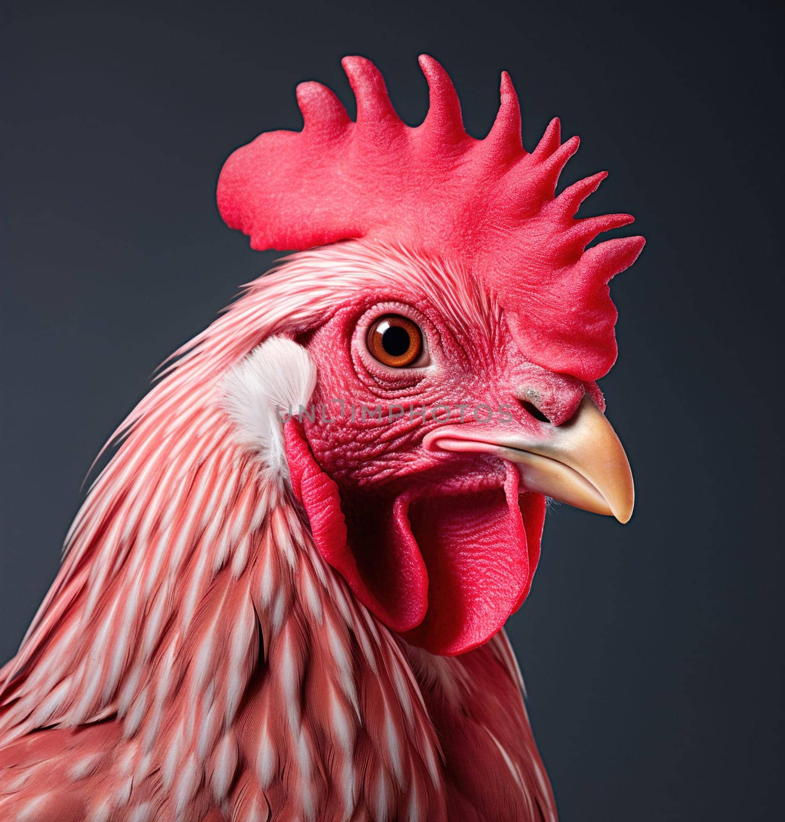 Vertical picture of beautiful colorful rooster looking at the camera