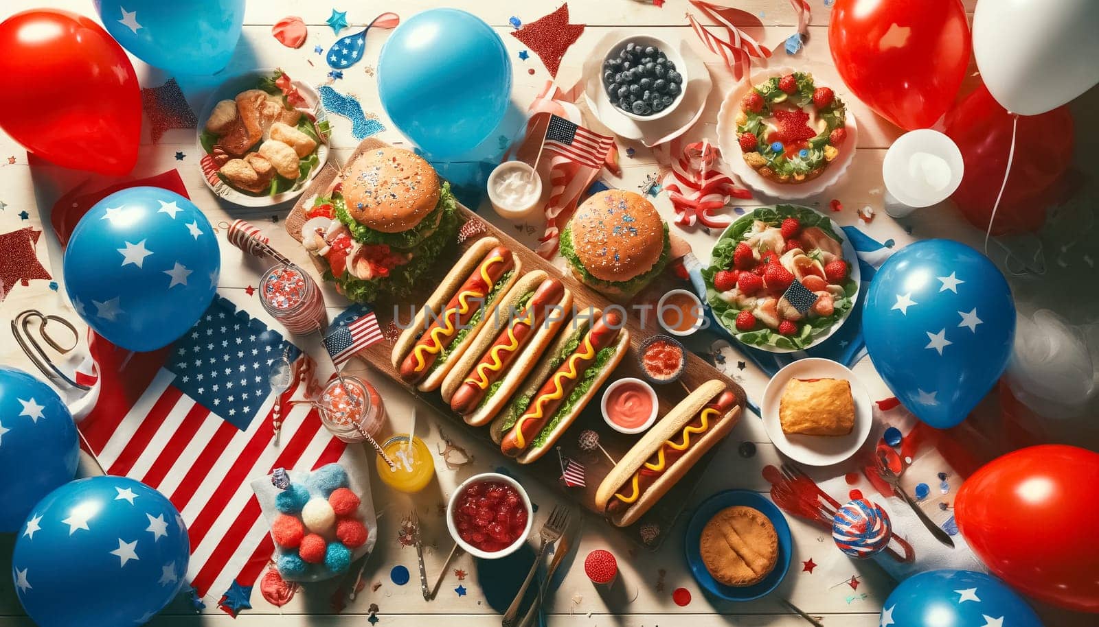 This ultra close-up image brings out the bright and light aspects of a July 4th celebration, focusing on the vivid colors and detailed textures of festive decorations and sumptuous party foods on a light wooden table.