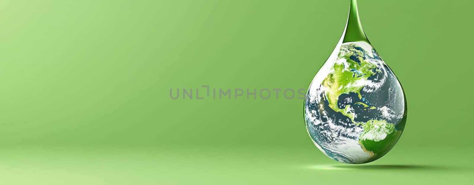 Lush green planet emerging from large water drop, symbolizing environmental awareness and sustainability. vibrant colors evoke sense of hope and renewal.