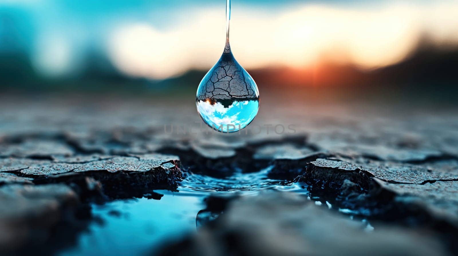 water droplet reflects earth in cracked ground, showcasing nature beauty and resilience. scene captures moment of tranquility and reflection.