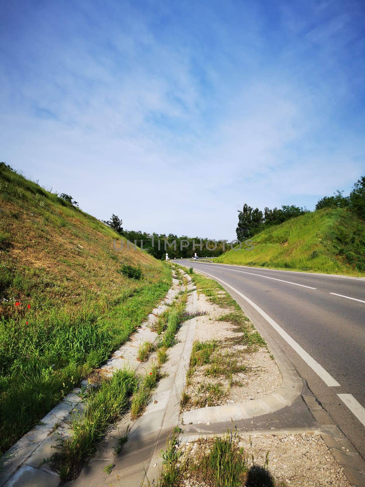 A tranquil country road curves gently between lush grassy slopes, with a backdrop of trees and a blue sky dotted with clouds during summer.