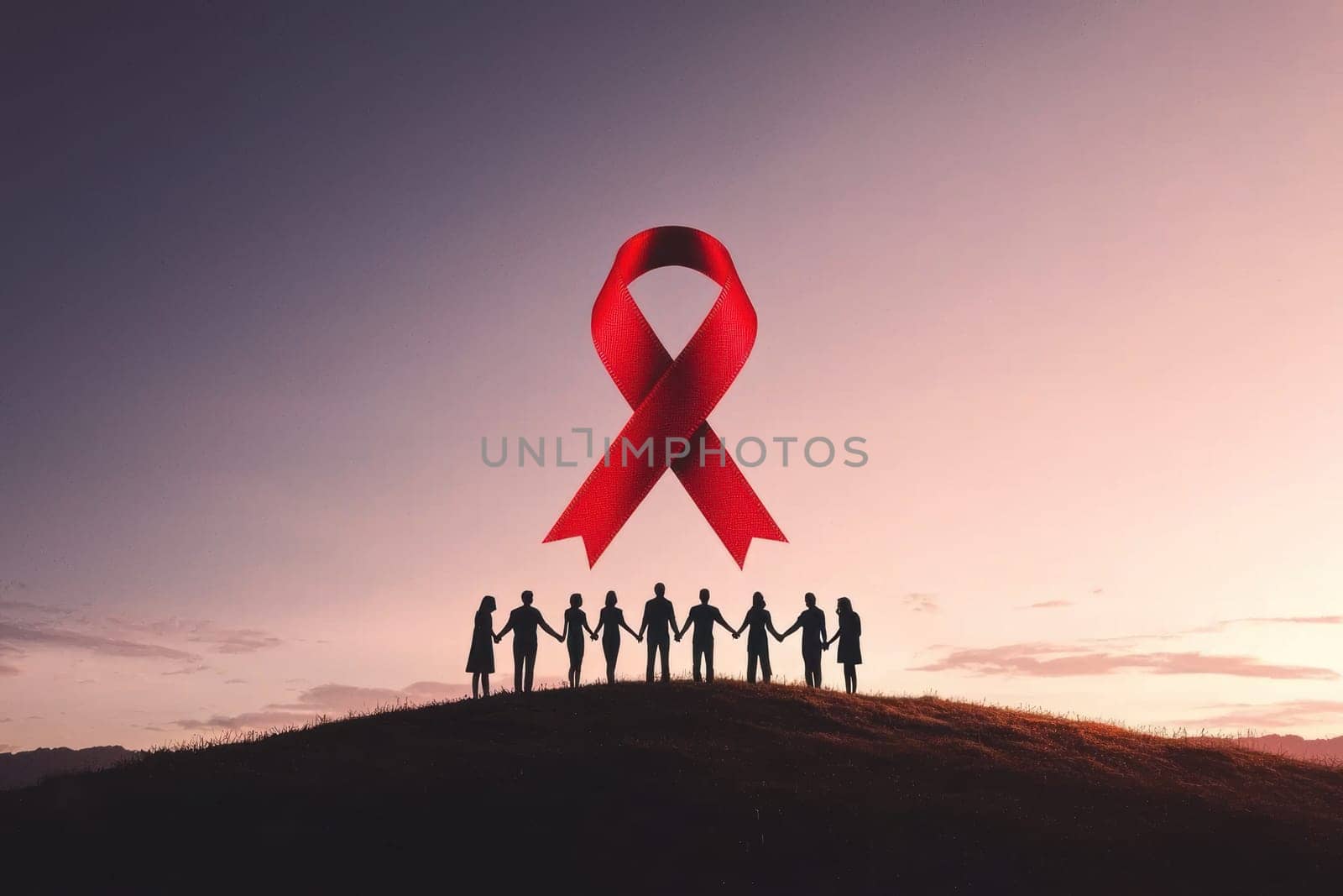 Silhouette of people holding hands in support under red ribbon symbolizing unity and awareness for World AIDS Day. powerful image representing hope and solidarity.