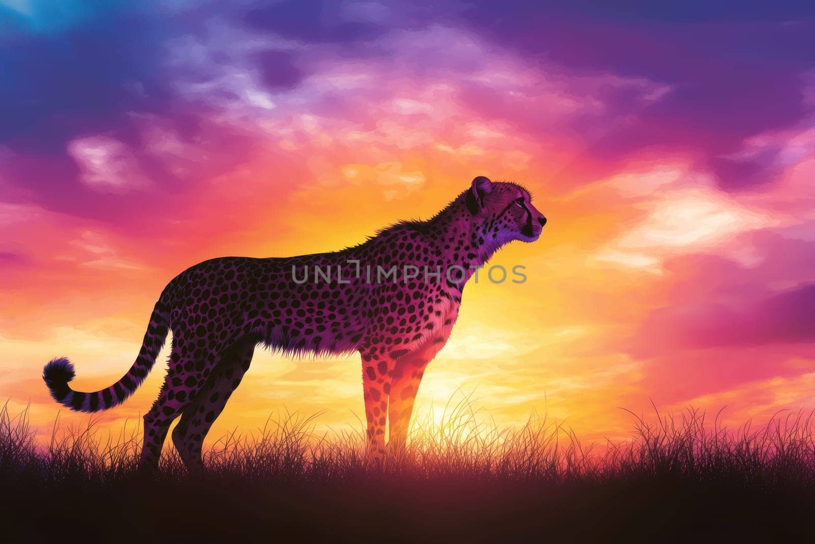 majestic cheetah silhouette stands against vibrant sunset, showcasing its graceful form and striking spots. colorful sky enhances beauty of this wild scene.