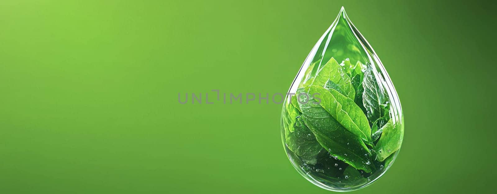 large water drop contains vibrant green leaves, symbolizing nature beauty and freshness. image evokes sense of tranquility and environmental awareness.