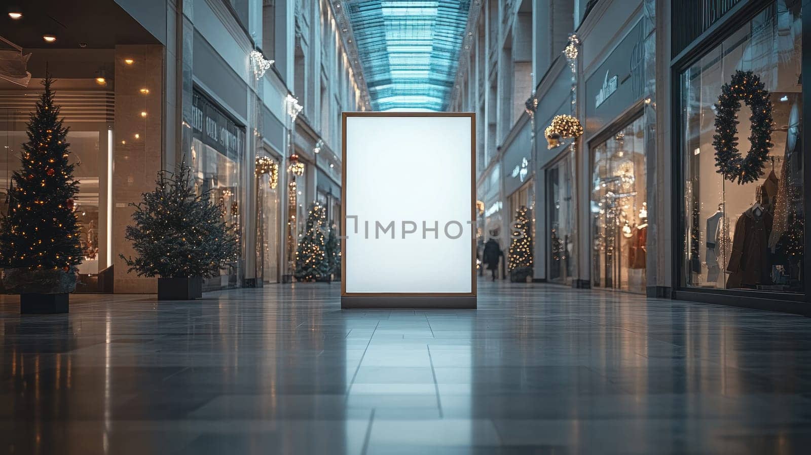 simple white menu board stands in festive shopping mall, surrounded by holiday decorations and trees, creating cheerful atmosphere for shoppers.