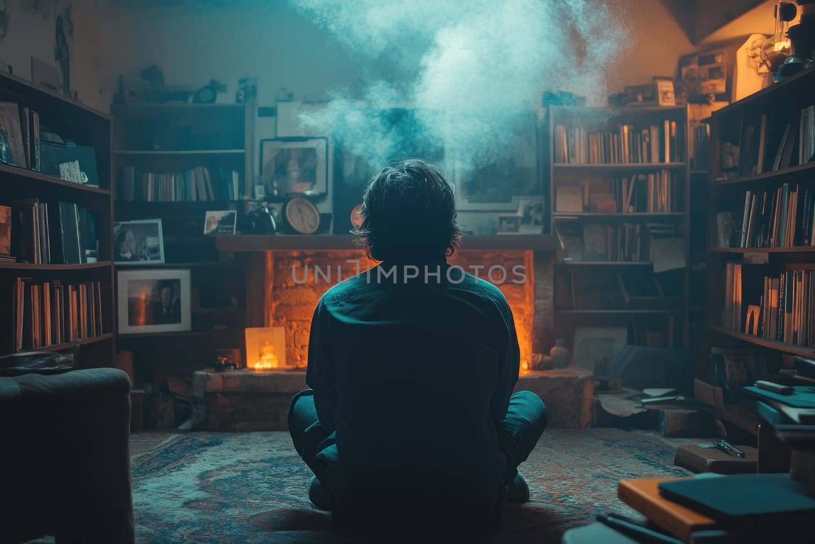 person meditating in cozy library with smoke and warm lighting creates serene atmosphere. shelves are filled with books, enhancing tranquil setting.
