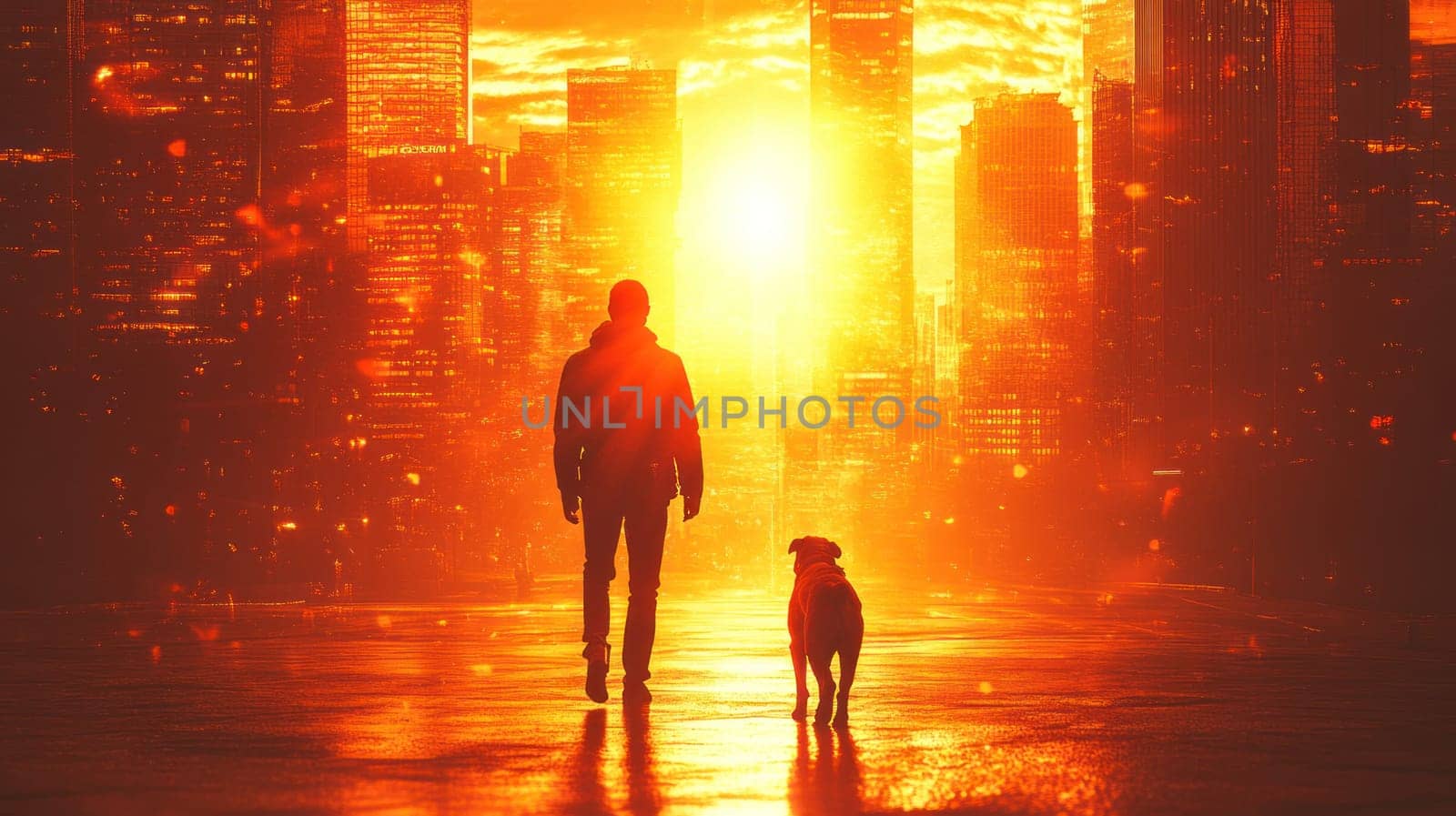 person walks with guide dog against stunning sunset in cityscape. warm colors create serene and emotional atmosphere, highlighting companionship and urban life.