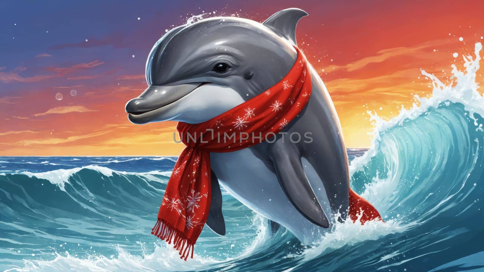 This playful dolphin joyfully leaps through sparkling waves, adorned with a Santa hat and a festive scarf, capturing the spirit of winter holidays in a vibrant ocean setting.