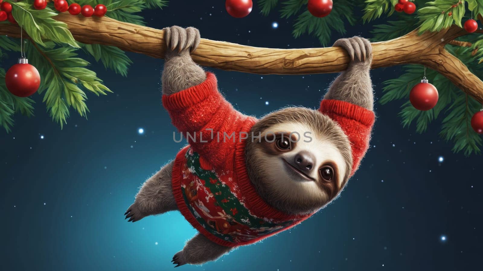 A joyful sloth, dressed in a wooly festive sweater, hangs from a branch adorned with Christmas decorations, radiating holiday cheer in a sparkling winter ambiance.