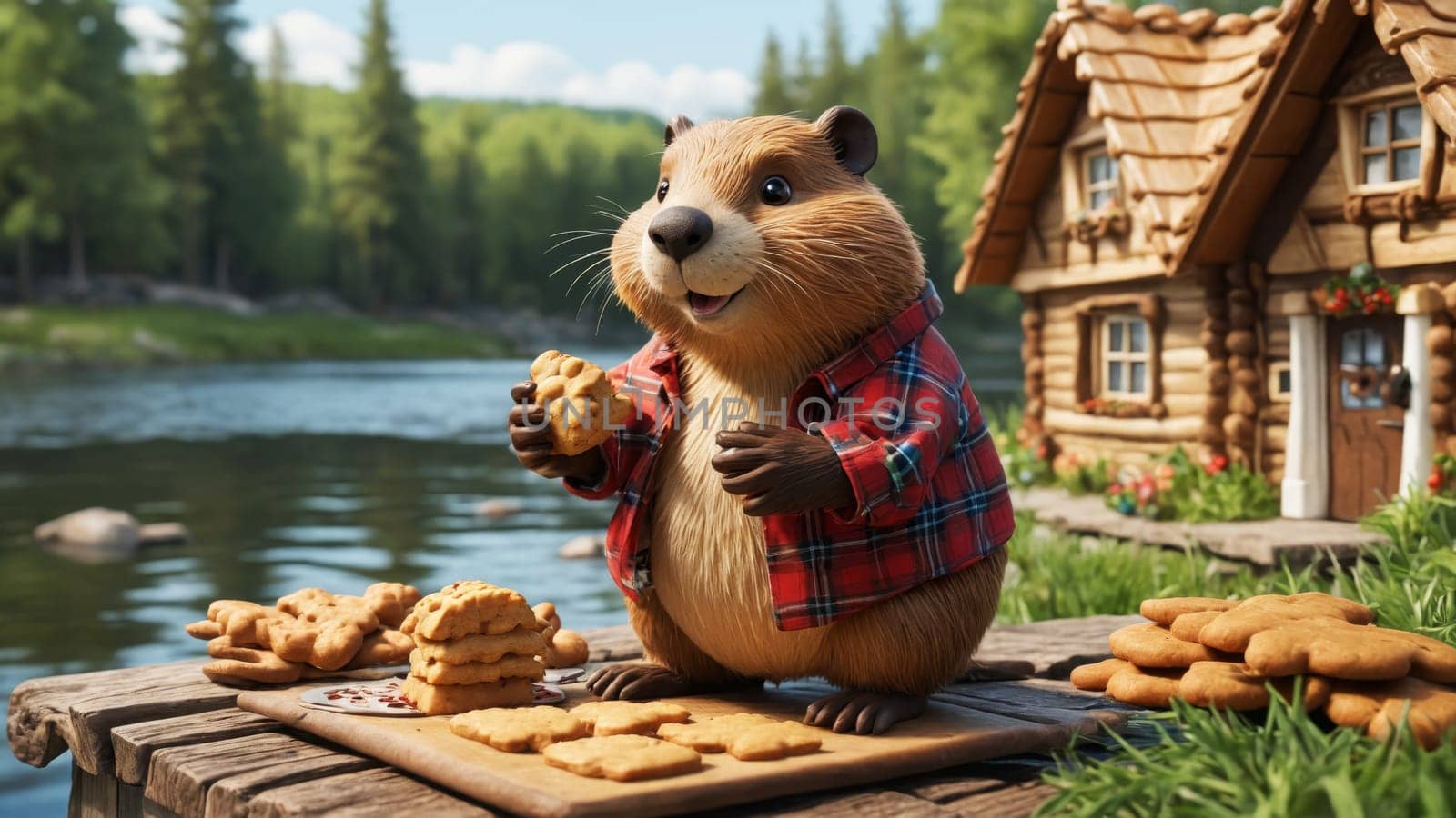 A joyful beaver wearing a plaid shirt enjoys freshly baked cookies by the river, surrounded by lush trees and a charming wooden cabin, creating a delightful outdoor baking moment.