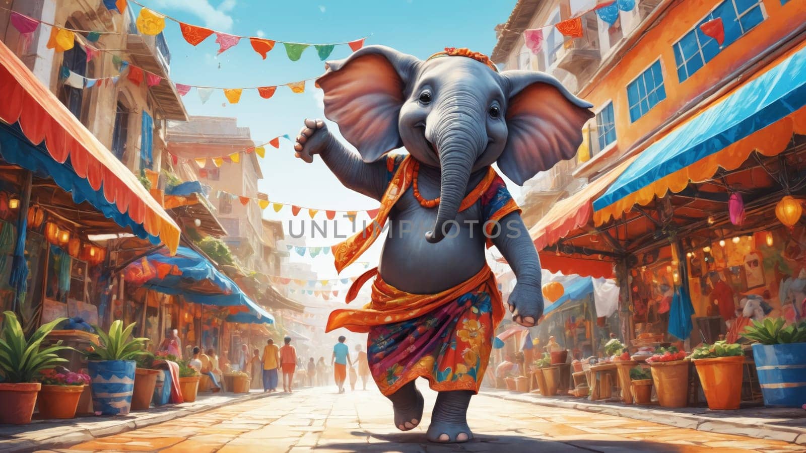In a bustling market adorned with bright banners, a joyful elephant in traditional attire happily walks among lively stalls, capturing the spirit of celebration and community.