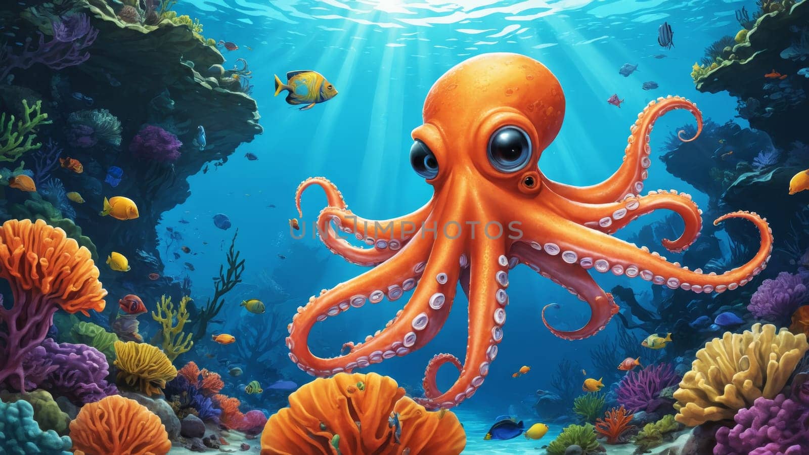 An enchanting octopus glides gracefully among vivid corals, illuminated by gentle rays filtering through the ocean. Colorful fish dart about, adding life to this magical underwater habitat.