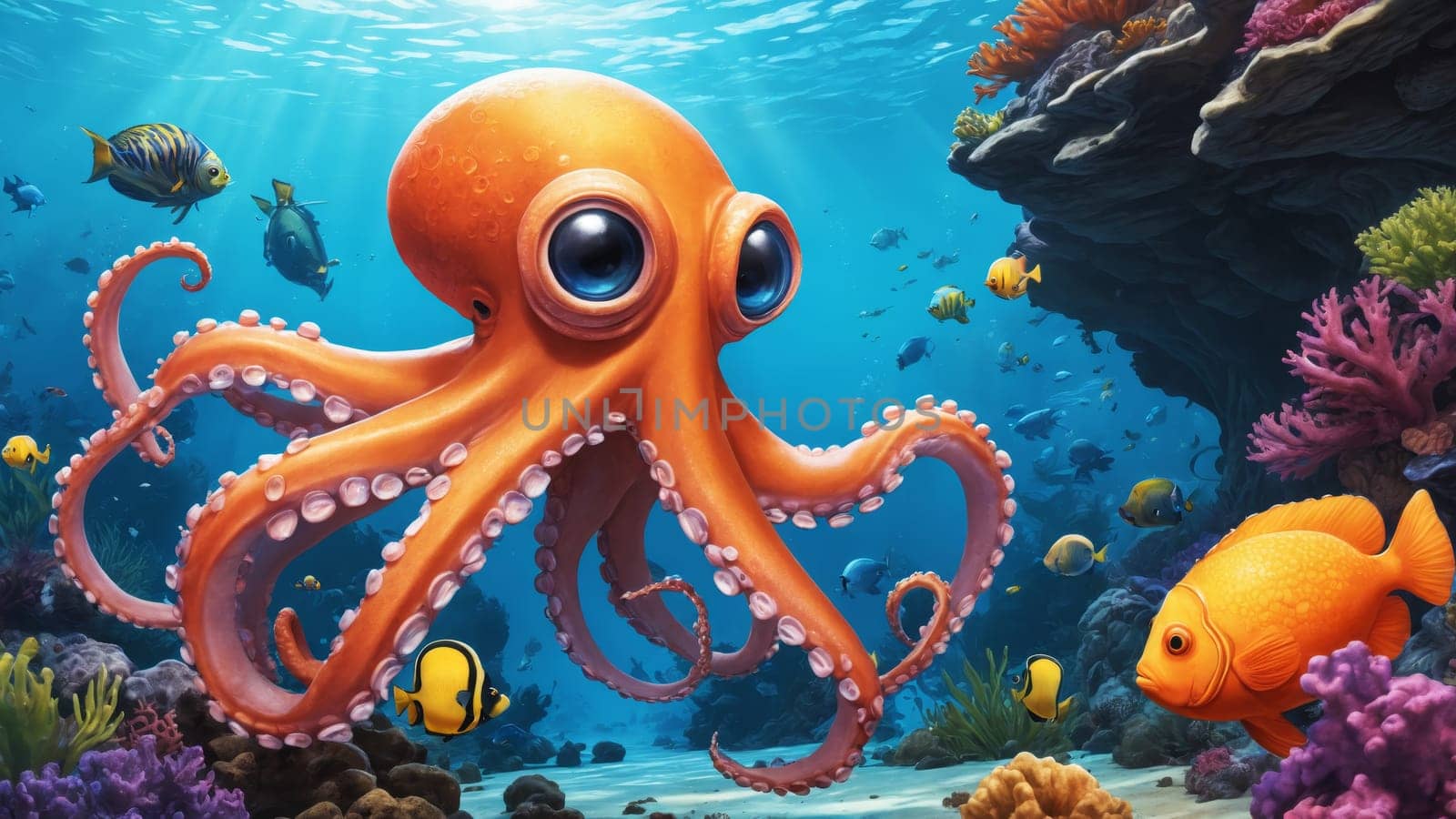 An orange octopus glides through a vibrant coral reef, surrounded by playful, colorful fish that dart among the corals, creating a lively underwater scene.