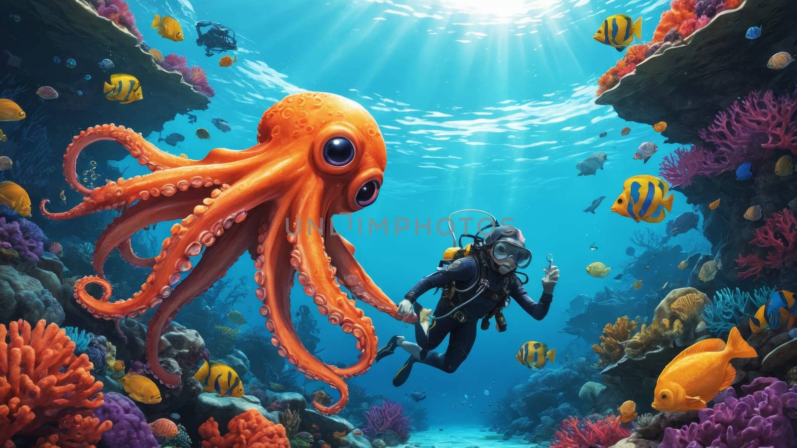 An orange octopus glides through a vibrant coral reef, surrounded by playful, colorful fish that dart among the corals, creating a lively underwater scene.