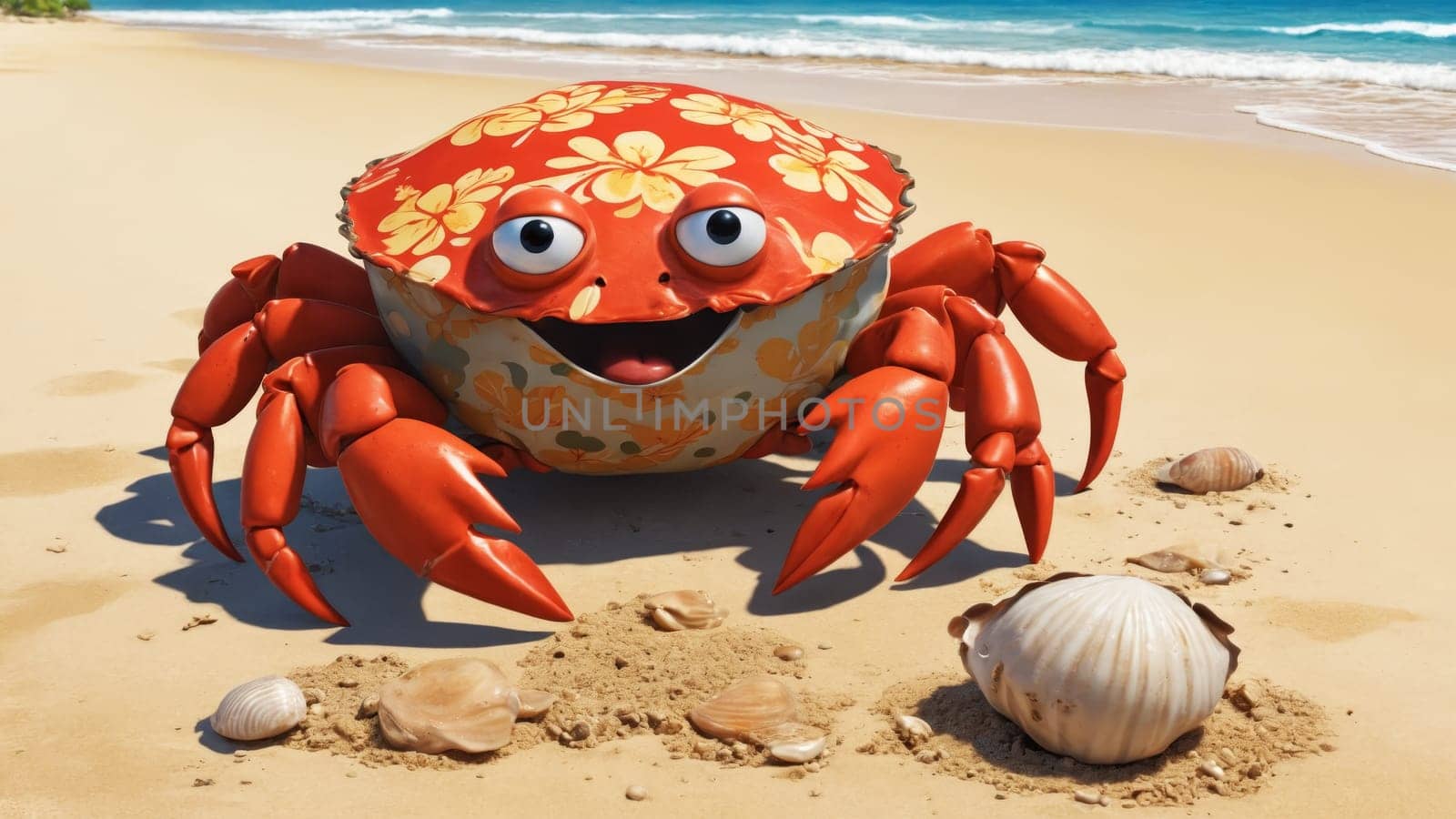 On a sunlit beach, a vibrant crab with big eyes curiously scuttles over golden sand, glancing at a nearby shell. The gentle waves create a tranquil backdrop as nature thrives.