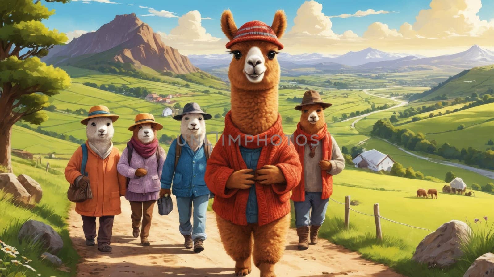 A delightful llama wearing a warm red sweater and hat makes its way down a picturesque country road, surrounded by lush green hills and distant mountains under a golden sun.