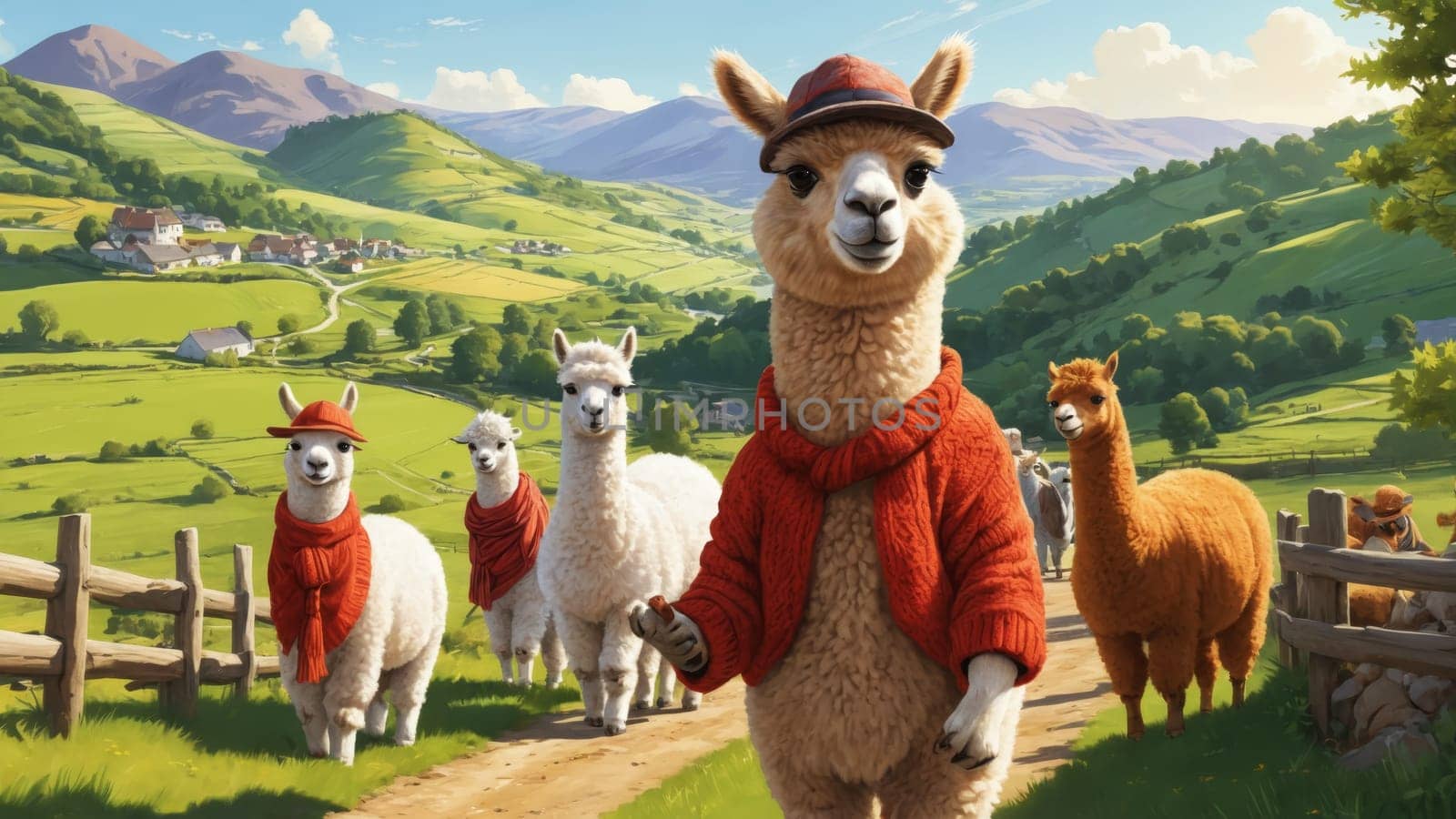 A cheerful llama wearing a red sweater and cap leads a group of llamas through lush green fields, enjoying the sunny weather and vibrant landscape, filled with mountains and farms in the background.