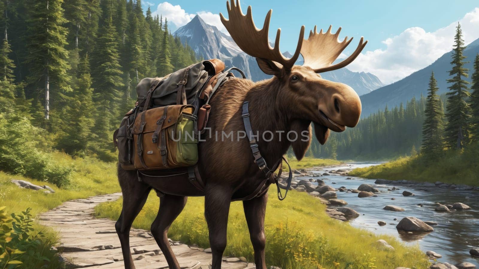 A cheerful moose, outfitted with a green backpack, strolls alongside a clear river in a lush valley. Towering mountains and vibrant pine trees create a picturesque backdrop under a bright blue sky.