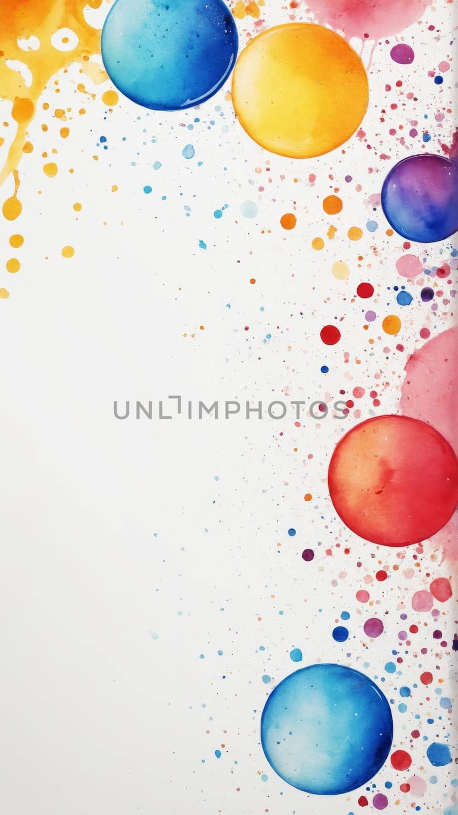 A lively arrangement of colorful spheres in shades of blue, red, orange, and purple splashes joyfully across a white canvas, creating a cheerful and energetic atmosphere.