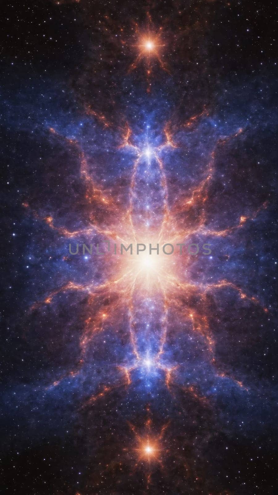 A brilliant cosmic phenomenon unfolds, showcasing a radiant explosion at the center surrounded by intricate swirls of gas and stars, bathing the dark expanse of space in vibrant light.