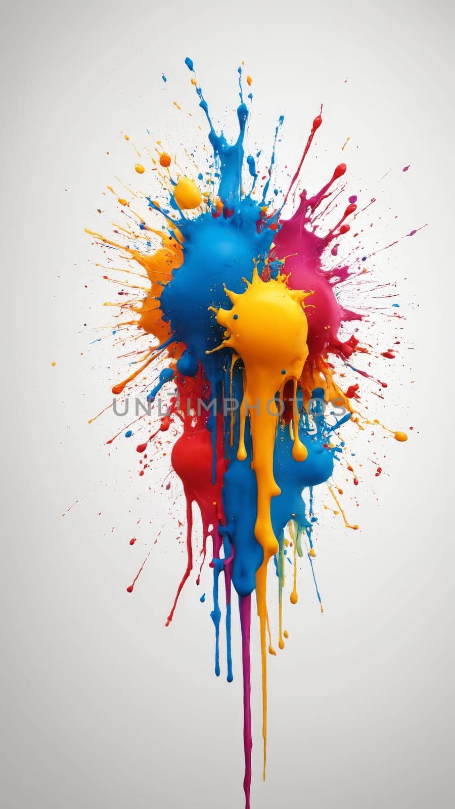 Colorful paint bursts and drips from a central point, blending shades of blue, orange, pink, and red. The vivid splatters create an energetic and artistic display, inviting creativity.