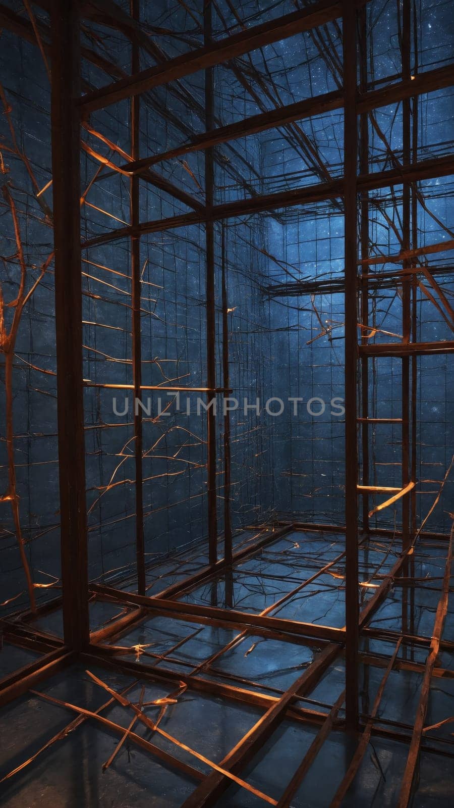 A stunning structure made of metal beams and intertwined branches captures the essence of creativity. The play of light and shadows creates an eerie yet captivating atmosphere in the dimly lit space.