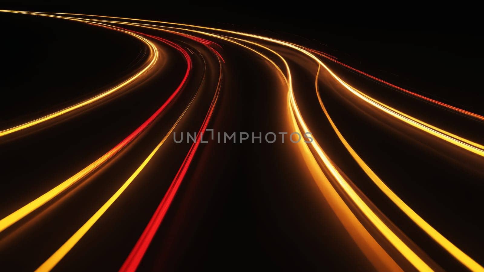 Bright streaks of red and yellow light stretch across a dark backdrop, illustrating the motion of vehicles traveling swiftly along an urban highway at night, creating an energetic ambiance.