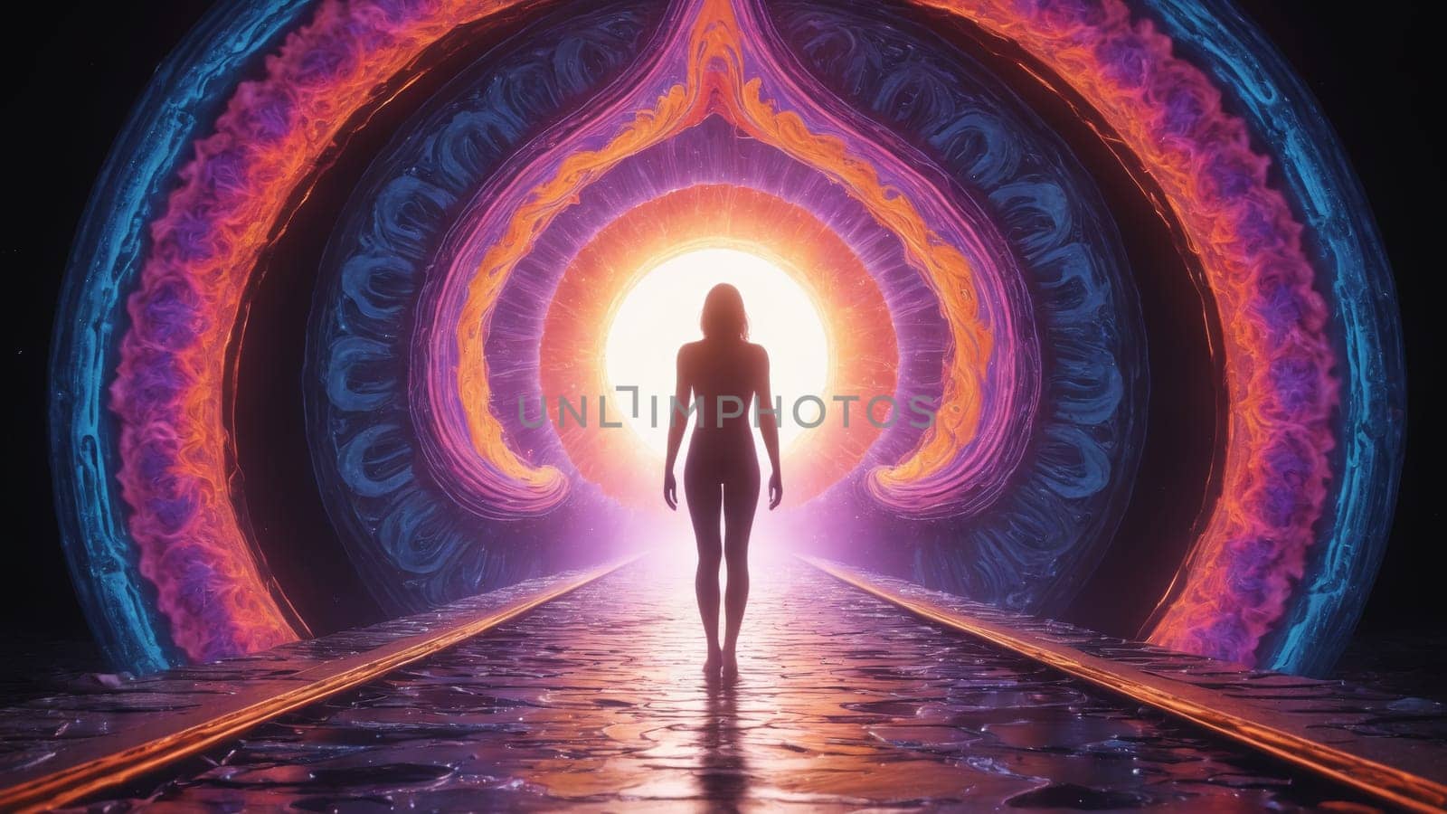 A lone figure walks along a vibrant, swirling pathway, surrounded by glowing orbs of light. The cosmic environment radiates with colors, creating a sense of wonder and exploration.