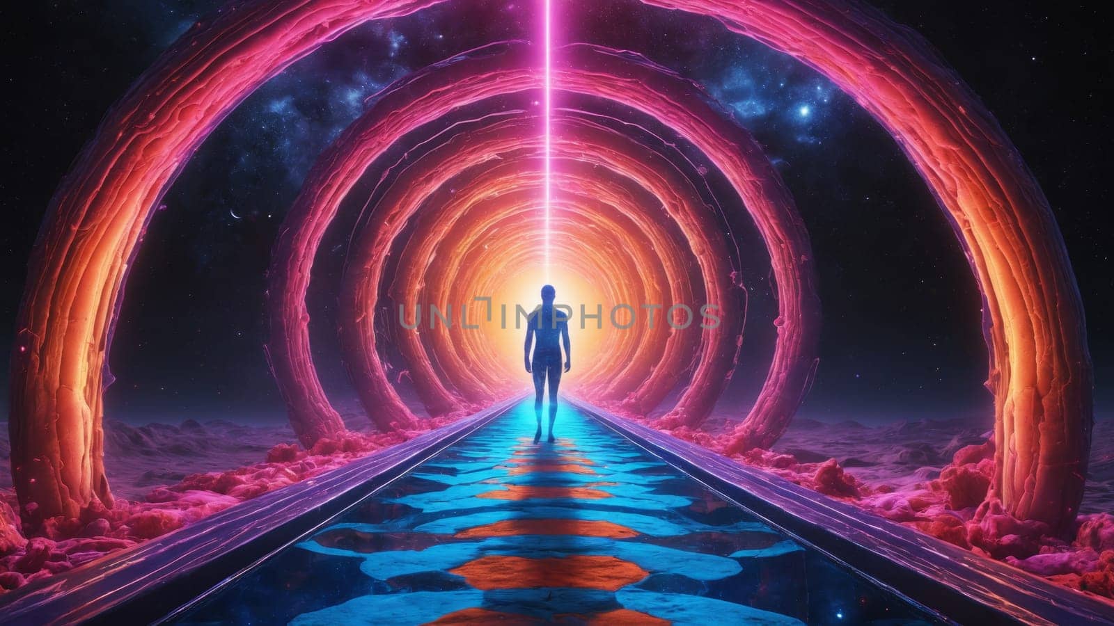 A lone figure stands at the edge of a radiant portal, surrounded by mesmerizing patterns of light and energy. The vivid colors create a sense of wonder and mystery, inviting exploration.