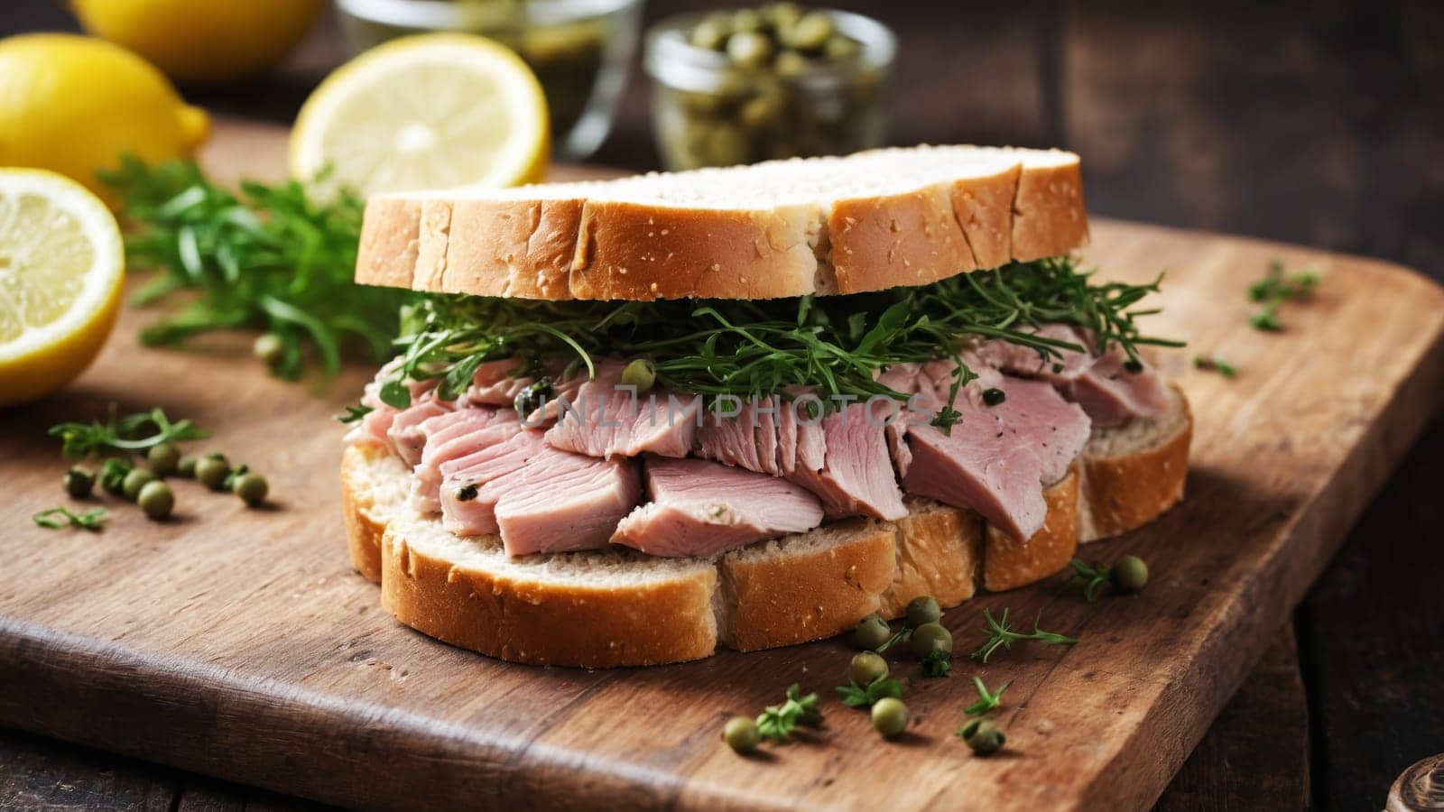 Savor the delightful combination of tender tuna slices layered on a bed of greens, all nestled between two thick slices of rustic bread, garnished with capers and lemon.