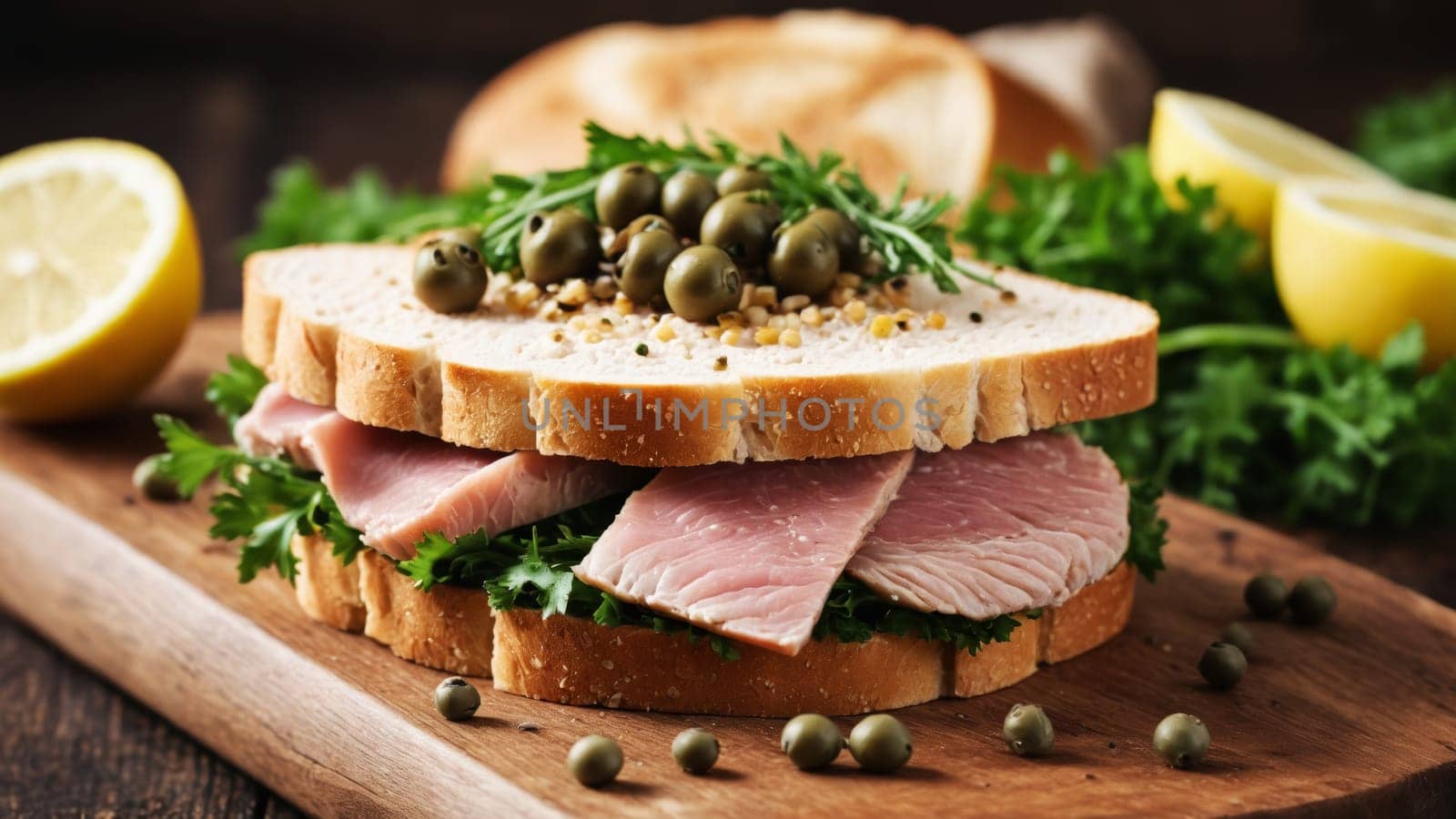Savory sandwiches crafted with layers of succulent meats and vibrant greens, beautifully garnished with fresh herbs and lemon slices, all arranged on a warm wooden surface.