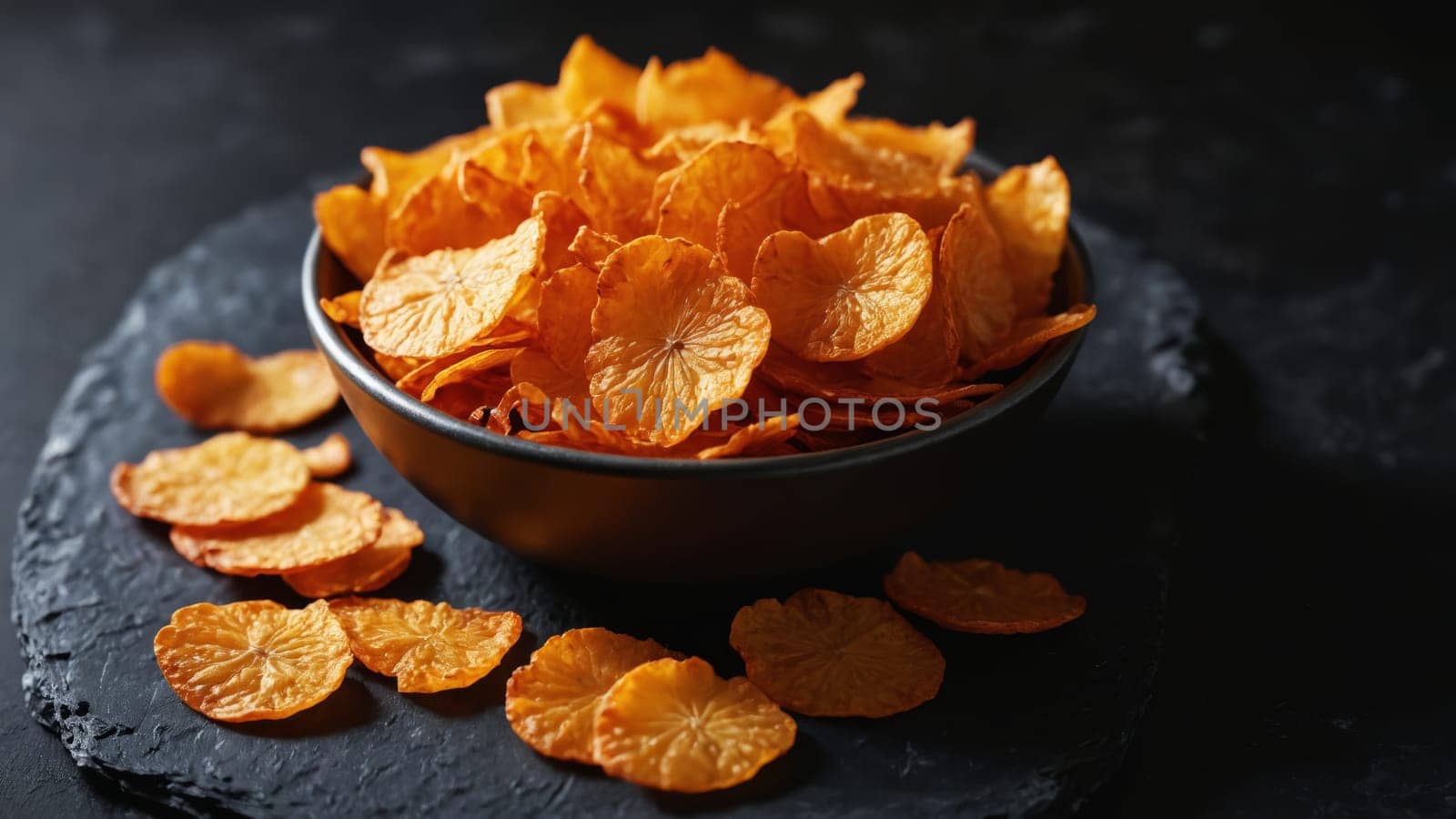 A bowl filled with vibrant dried fruit chips sits on a rustic dark surface, with scattered slices surrounding it, showcasing an inviting healthy snack that highlights the beauty of nature's colors.