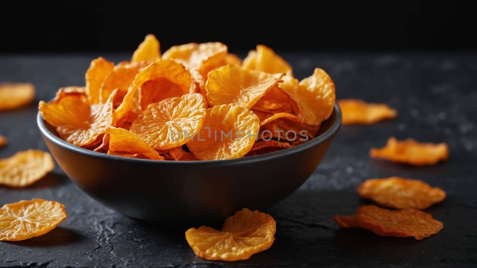 A bowl overflowing with bright, golden-orange crispy snacks catches the light, invitingly displayed on a textured surface. The contrast of colors highlights their crunchy allure.