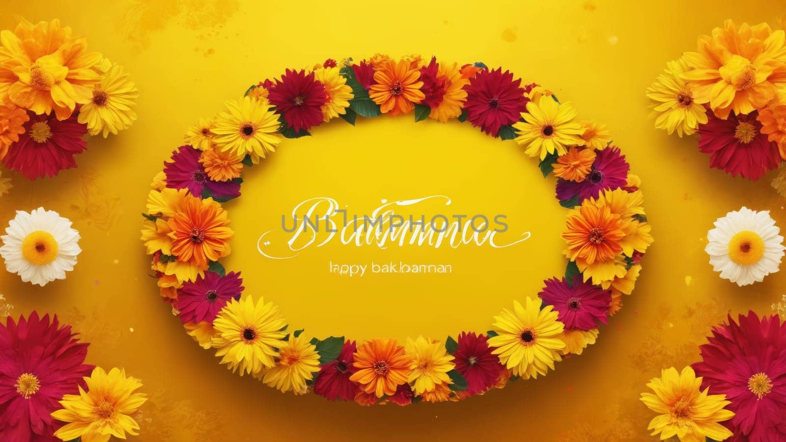 A bright yellow background showcases a beautiful floral design featuring vibrant flowers and heartfelt wishes for Baisakhi. The arrangement radiates joy, unity, and celebration.