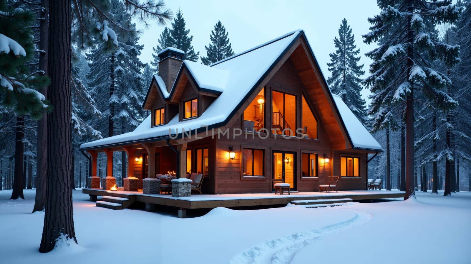 The peaceful wooden cabin glows warmly against the evening twilight, surrounded by a pristine snowy landscape. Tall pine trees frame the serene setting, inviting relaxation amidst nature.