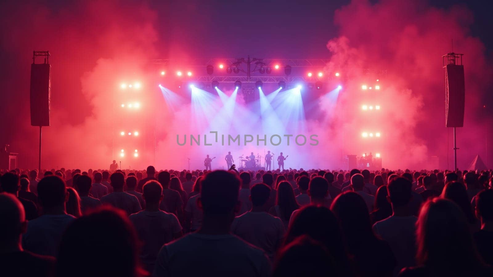 Under a starlit sky, a large crowd sways to live music, surrounded by colorful lights and mist. The atmosphere is electric with excitement and joy as the performance unfolds on stage.