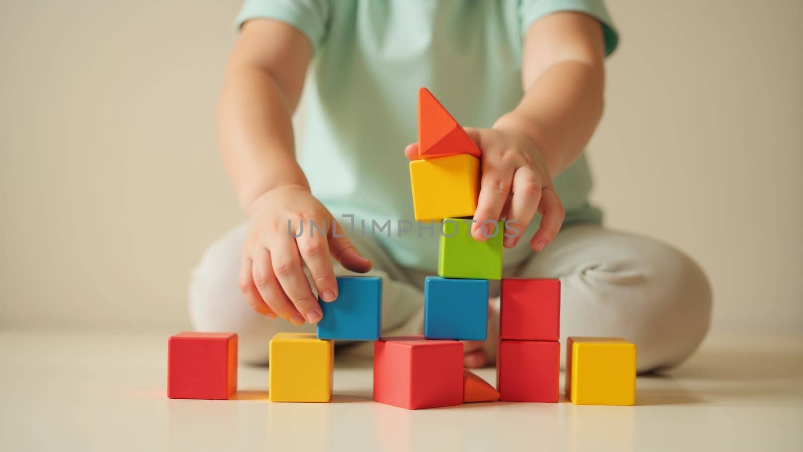 A delighted toddler uses bright, circular stacking blocks to construct a vibrant tower. The playful atmosphere showcases colors of red, orange, blue, and yellow, encouraging imaginative exploration.