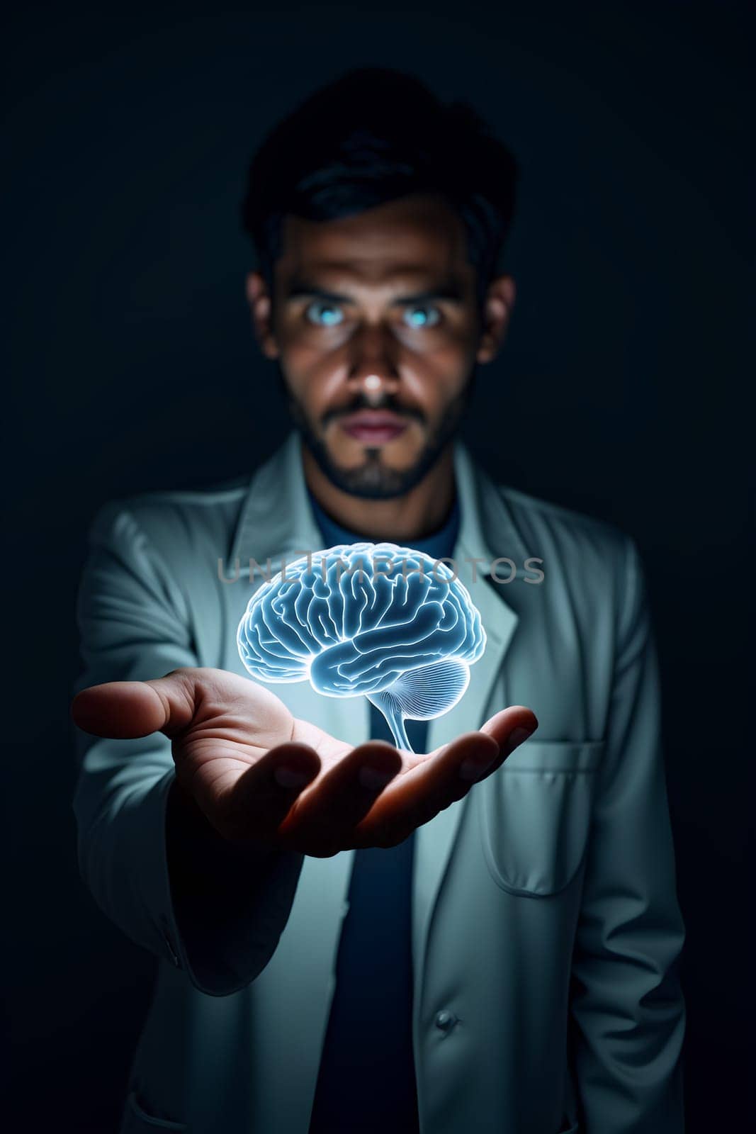 A researcher stands in a dim laboratory, showcasing a glowing hologram of a brain in his outstretched hand, emphasizing neuroscience and artificial intelligence - Generative AI