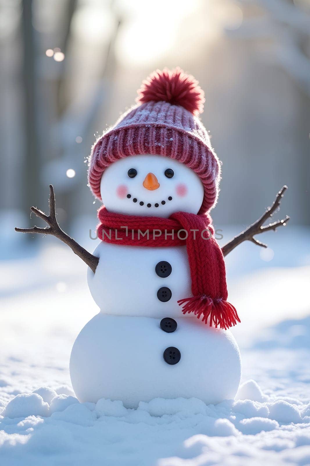A friendly snowman with a smiling face, wearing a red scarf and a knitted hat, enjoys the winter sun in a snowy landscape - Generative AI