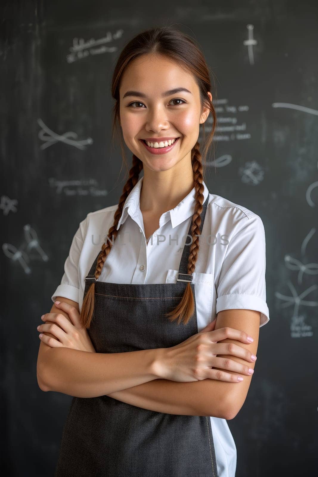 A young asian teacher with braided hair stands proudly with arms crossed, wearing an apron in front of a blackboard - Generative AI