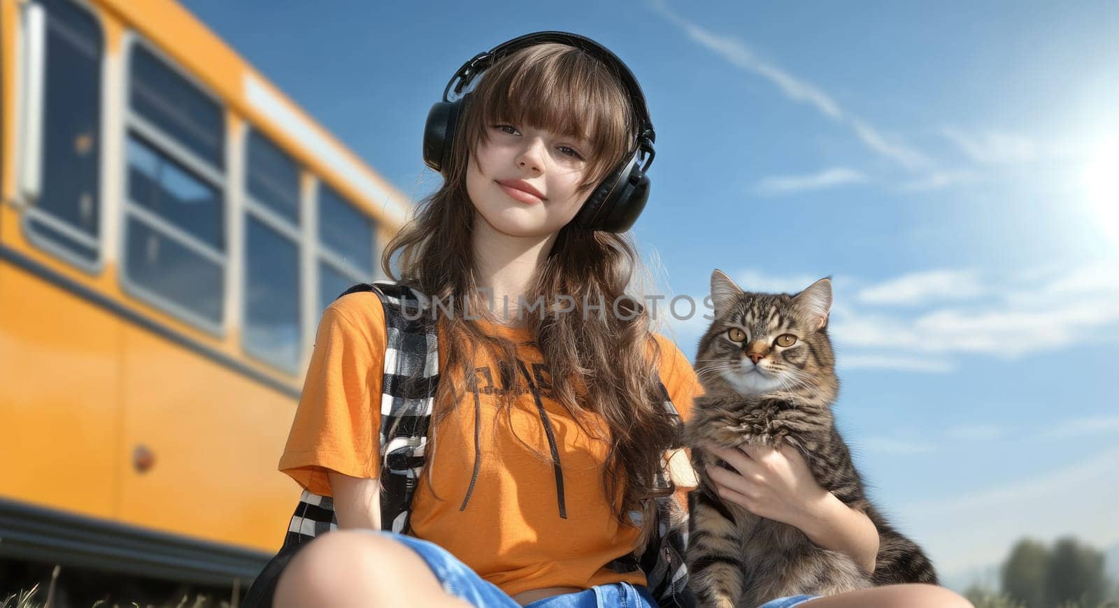 Playful moment: joyful little girl enjoying sunny day, sitting happily with her cat beside bright yellow bus, radiating warmth, innocence, simple pleasures of companionship, sunny adventures