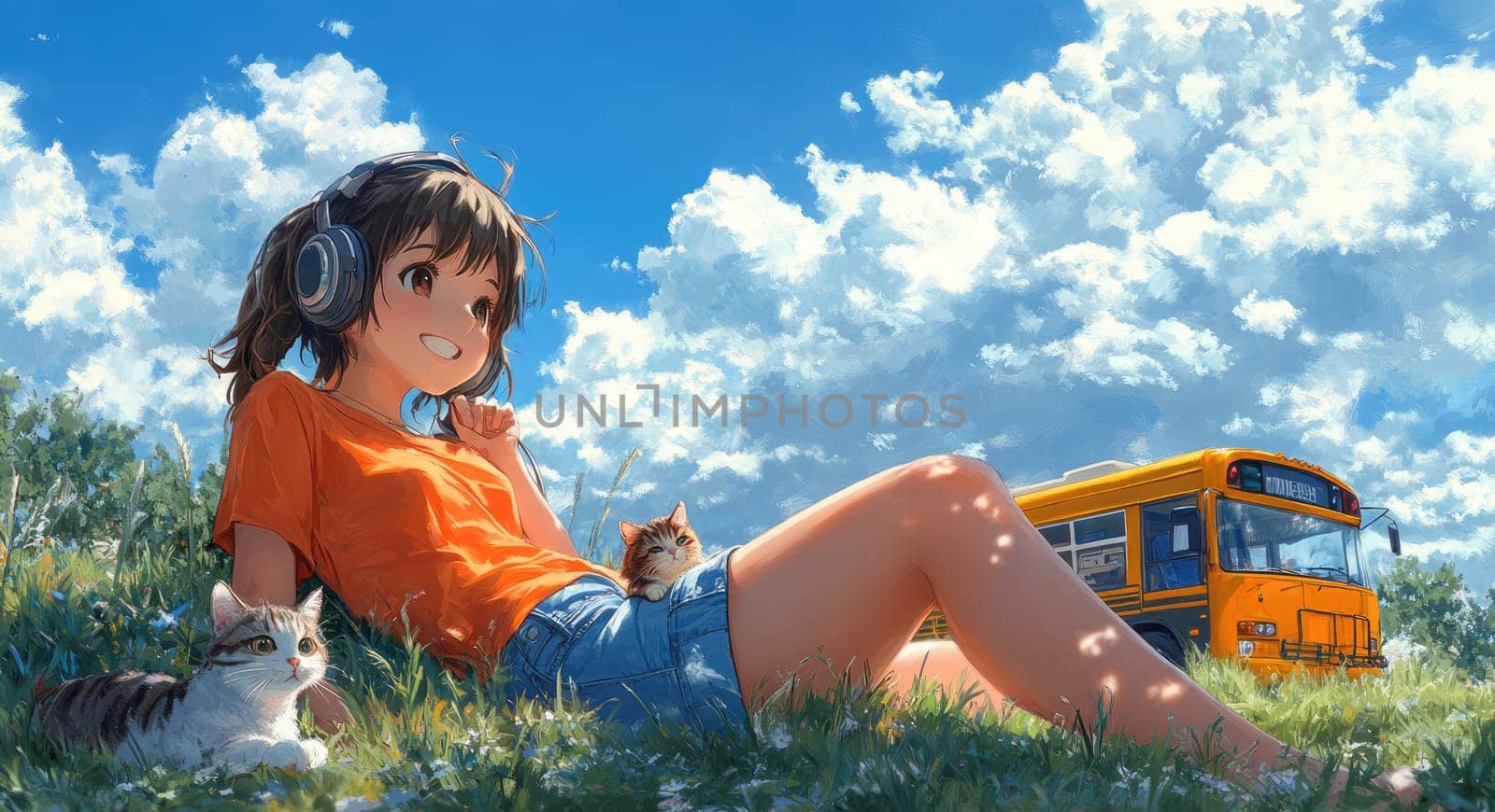 Sunny scene: cheerful young girl basking in sunshine with her beloved cat near vibrant yellow bus, capturing essence of youthful joy, carefree moments, comfort of furry friendship