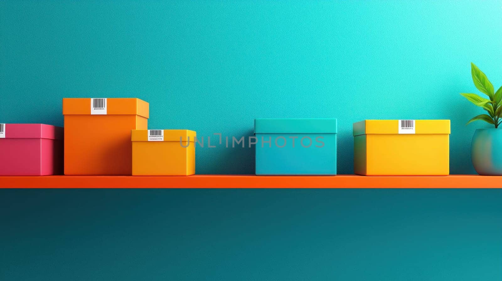 Brightly colored boxes neatly arranged on vibrant shelf, showcasing organization and style. small plant adds touch of nature to modern decor.