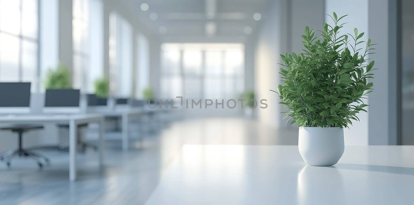 Spacious workspace: bright interior, greenery touch, blank text area, functional layout, peaceful ambiance, natural light, modern aesthetic, serene atmosphere, professional tone, inviting atmosphere