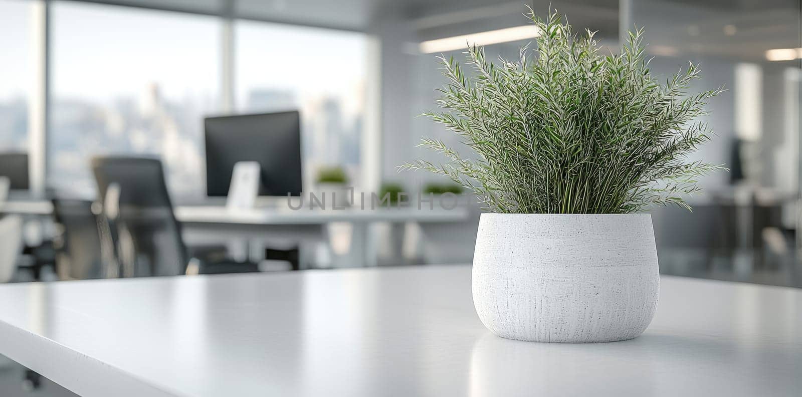 Cosy office: spacious layout, bright lighting, green accents, calming atmosphere, blank text space, modern decor, tranquil environment, natural elements, creative workspace, minimalist design