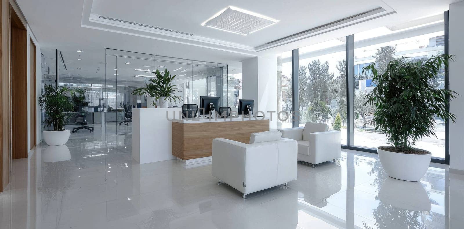 Spacious workspace: bright interior, greenery touch, blank text area, functional layout, peaceful ambiance, natural light, modern aesthetic, serene atmosphere, professional tone, inviting atmosphere