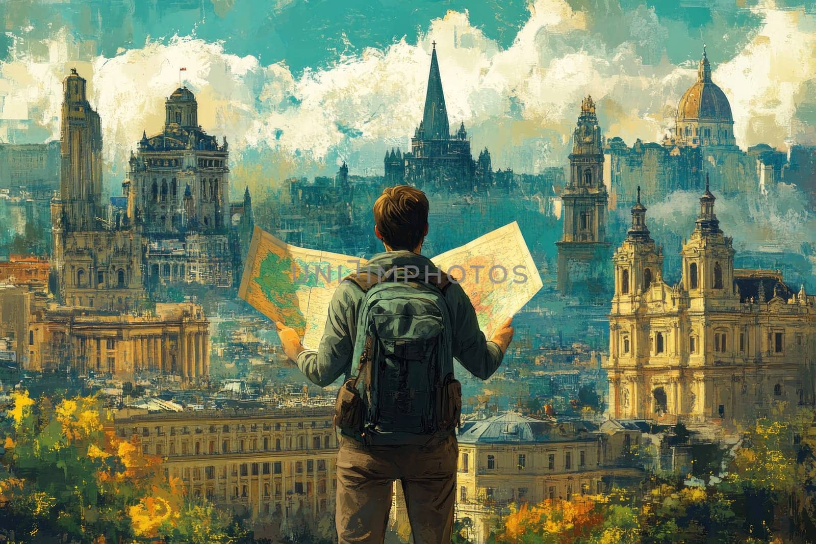 traveler holding map, gazing at stunning cityscape filled with historical architecture and vibrant colors. scene evokes sense of adventure and exploration.