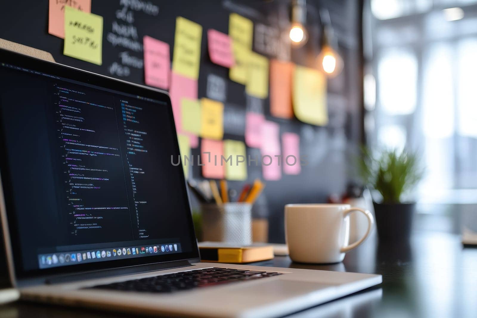 A stylish modern workspace featuring a laptop with coding on the screen, a coffee cup, and colorful sticky notes for creative planning and inspiration.
