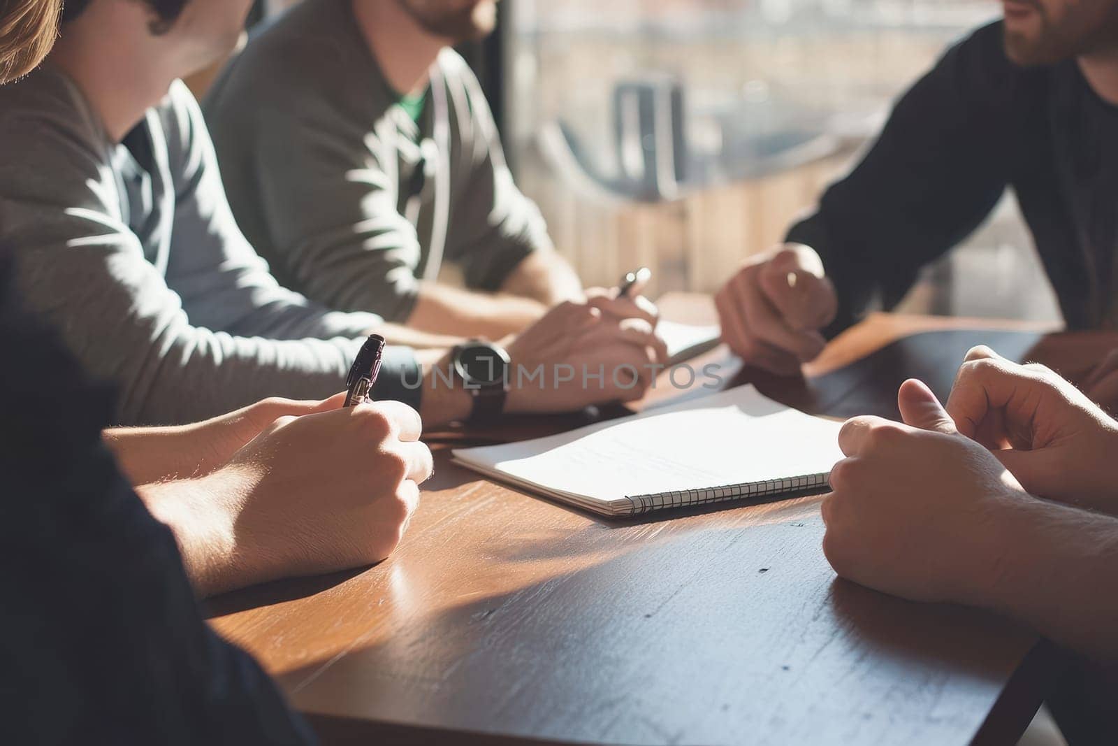 A cozy office scene showcasing a group of individuals engaged in a collaborative discussion. Hands are seen holding pens over a notepad on a wooden table, emphasizing teamwork and creativity.